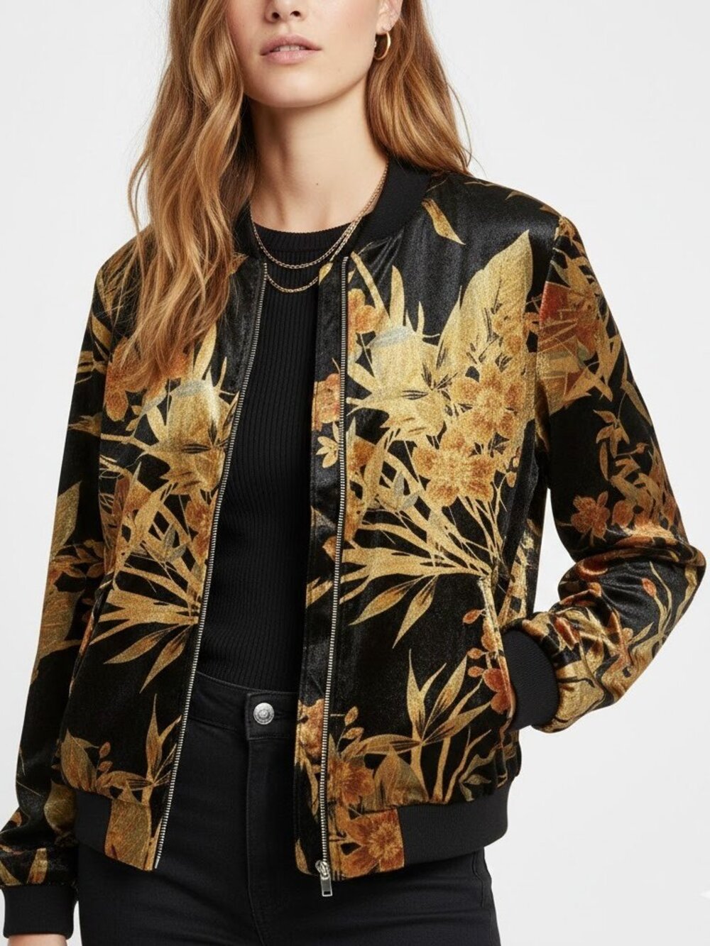 Zara Black Gold Velvet Floral Bomber Jacket Medium Y2K Metallic Boho